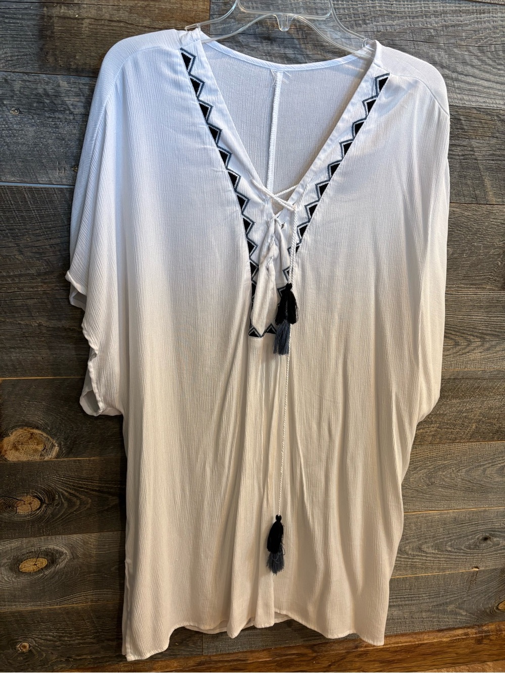 Women's White Swim Cover-Up with Embroidered V-Neck and Tassels